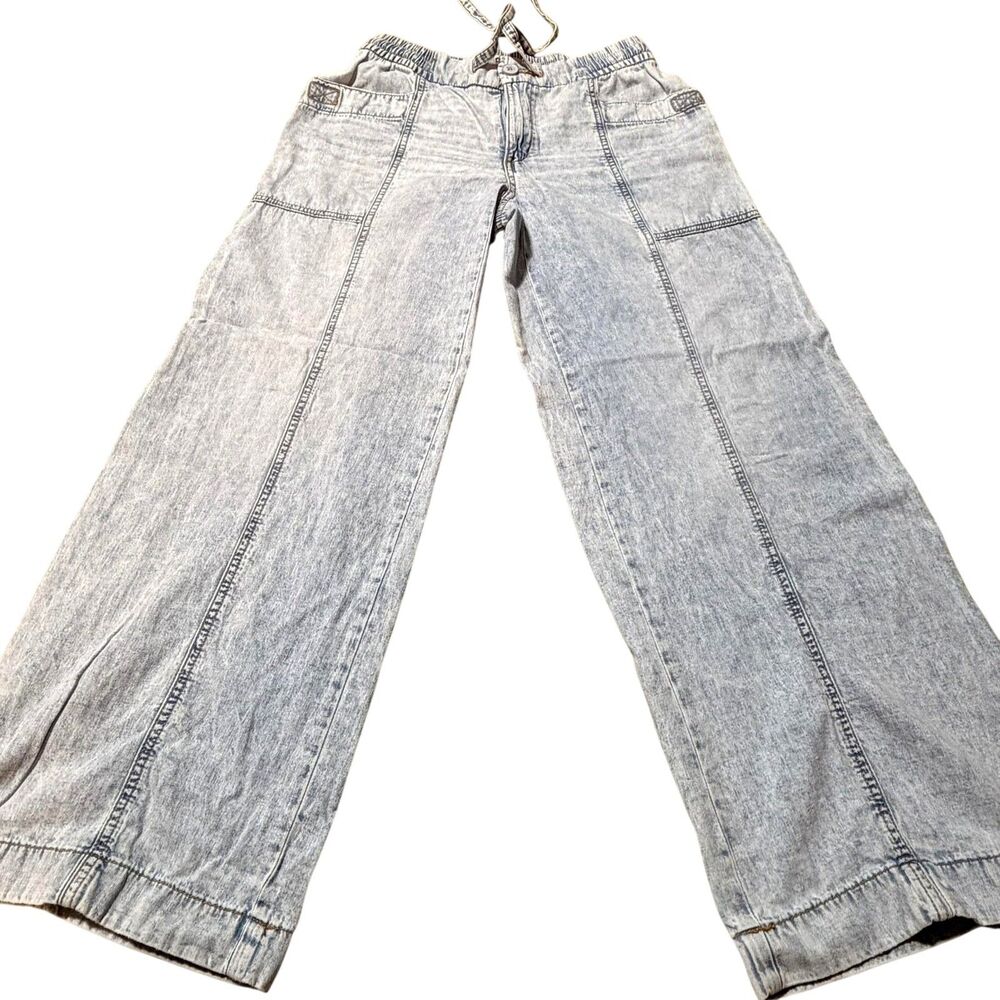 SO Pants Womens Small Light Wash Denim Wide Leg Cargo Elastic Waist Casual